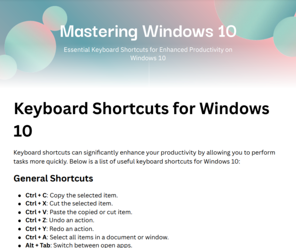 Keyboard Shortcuts for Operating Systems - Windows 10