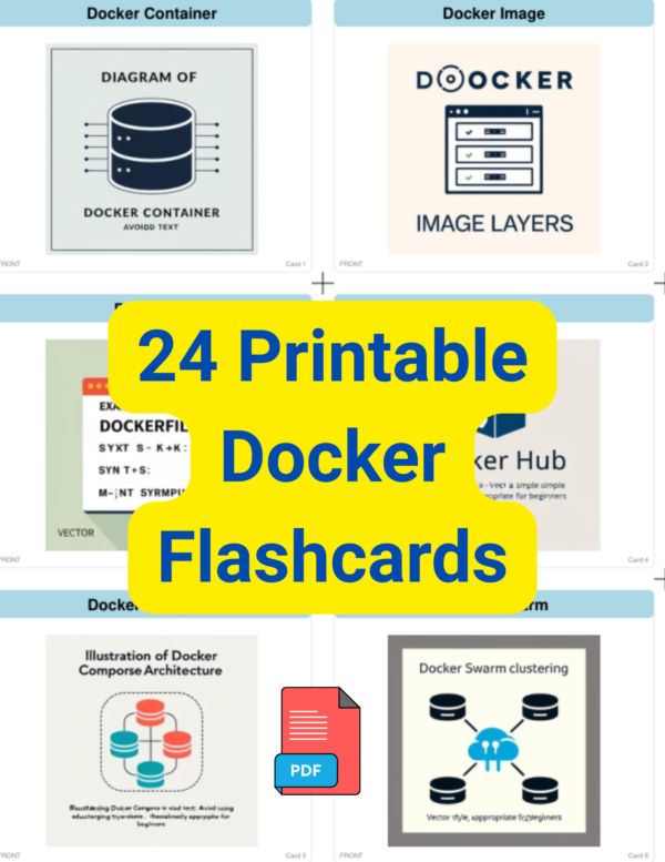 Docker Flash Cards – Printable Double-Sided PDF, 24 Illustrated Study Aids for Containerization Concepts