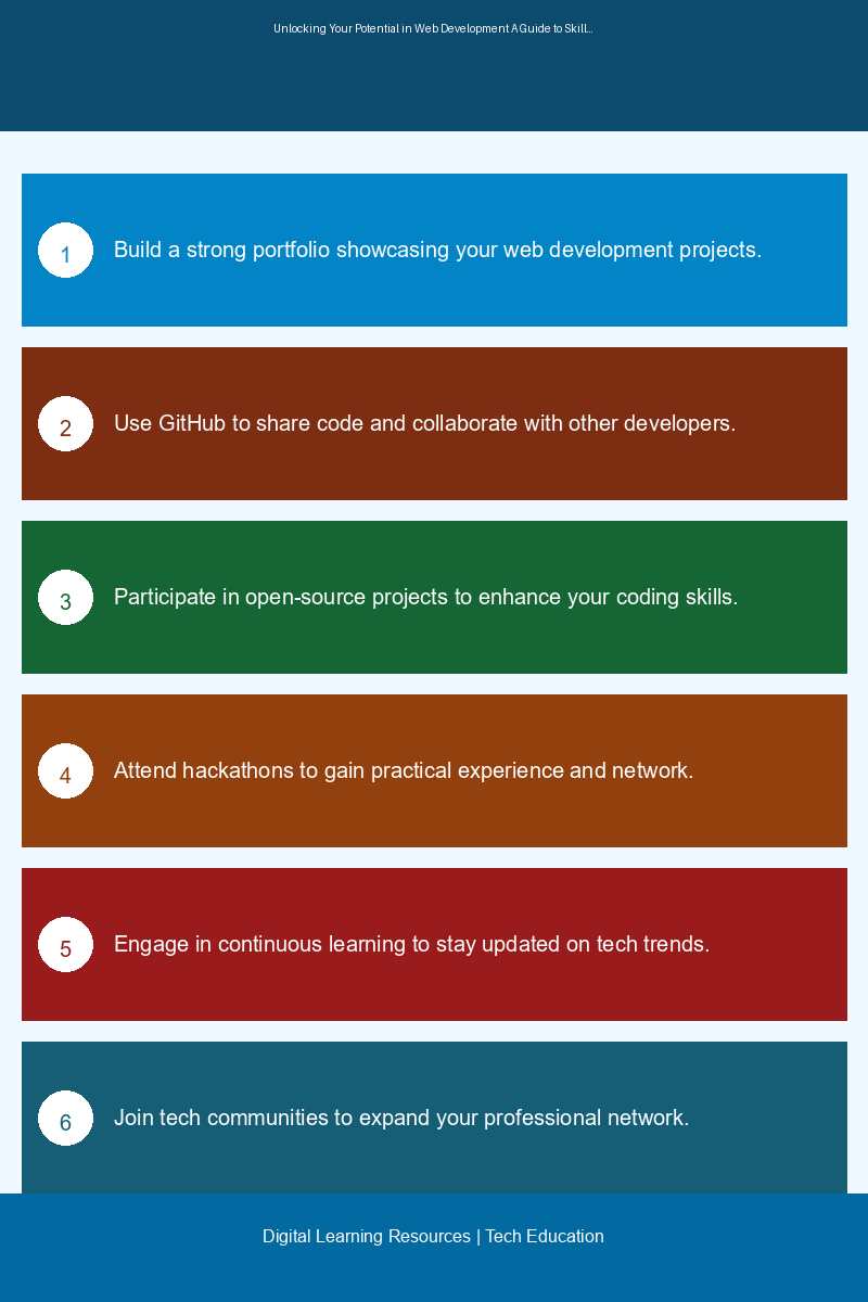 An educational infographic illustrating key web development skills and career growth strategies for aspiring developers.