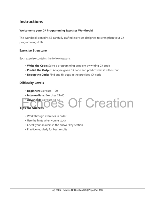 Printable C# Exercises Workbook and Study Guide