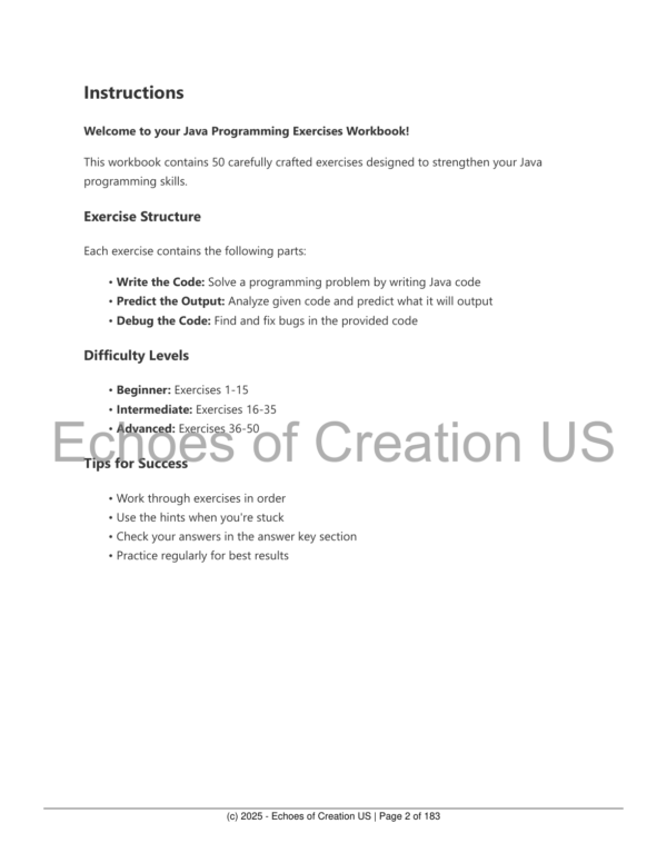 Printable Java Exercises Workbook